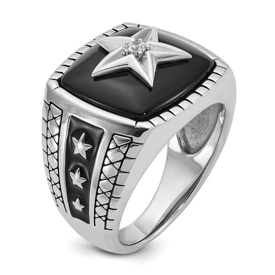 14k White Gold IBGoodman Men's Antiqued Onyx and 1/20 carat Diamond Complete Star Ring