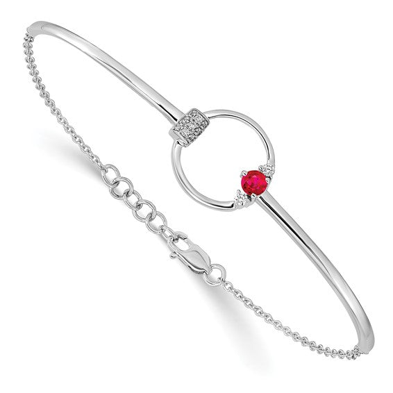 14k White Polished Diamond and Ruby Circle 7in with .5in ext Bracelet