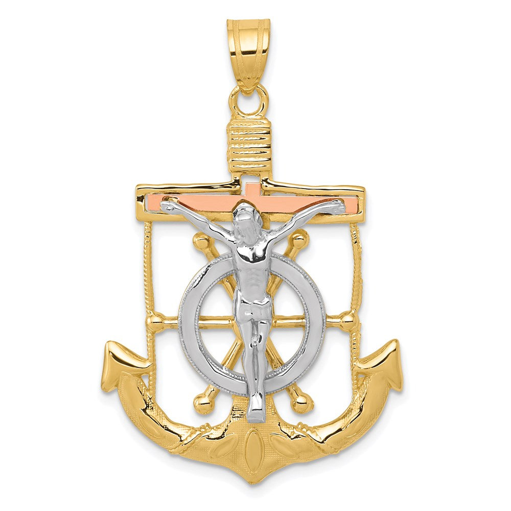 14k Tri-color Diamond-cut w/Textured Mariner's Crucifix Pendant