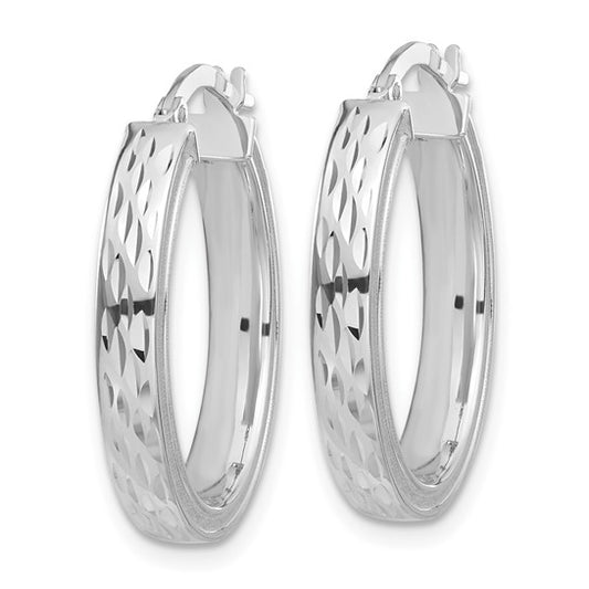 14K White Gold Diamond-cut Oval Hoop Earrings