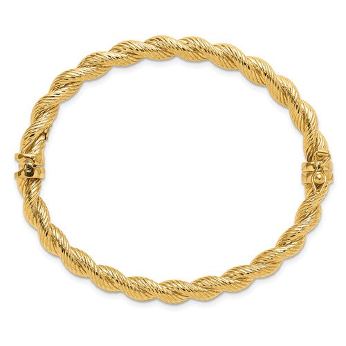 14K Polished and Textured Twisted Hinged Bangle