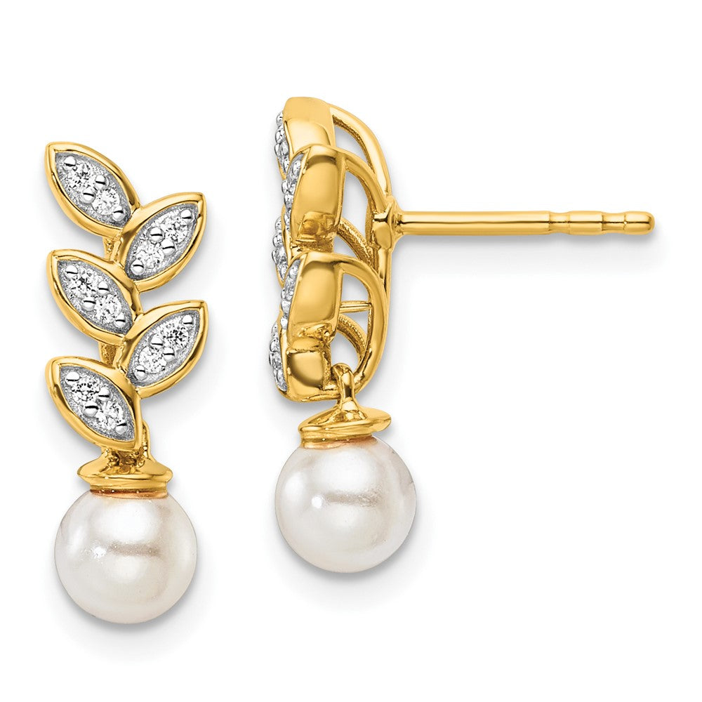 14K Polished Diamond and Pearl Leaf Dangle Post Earrings