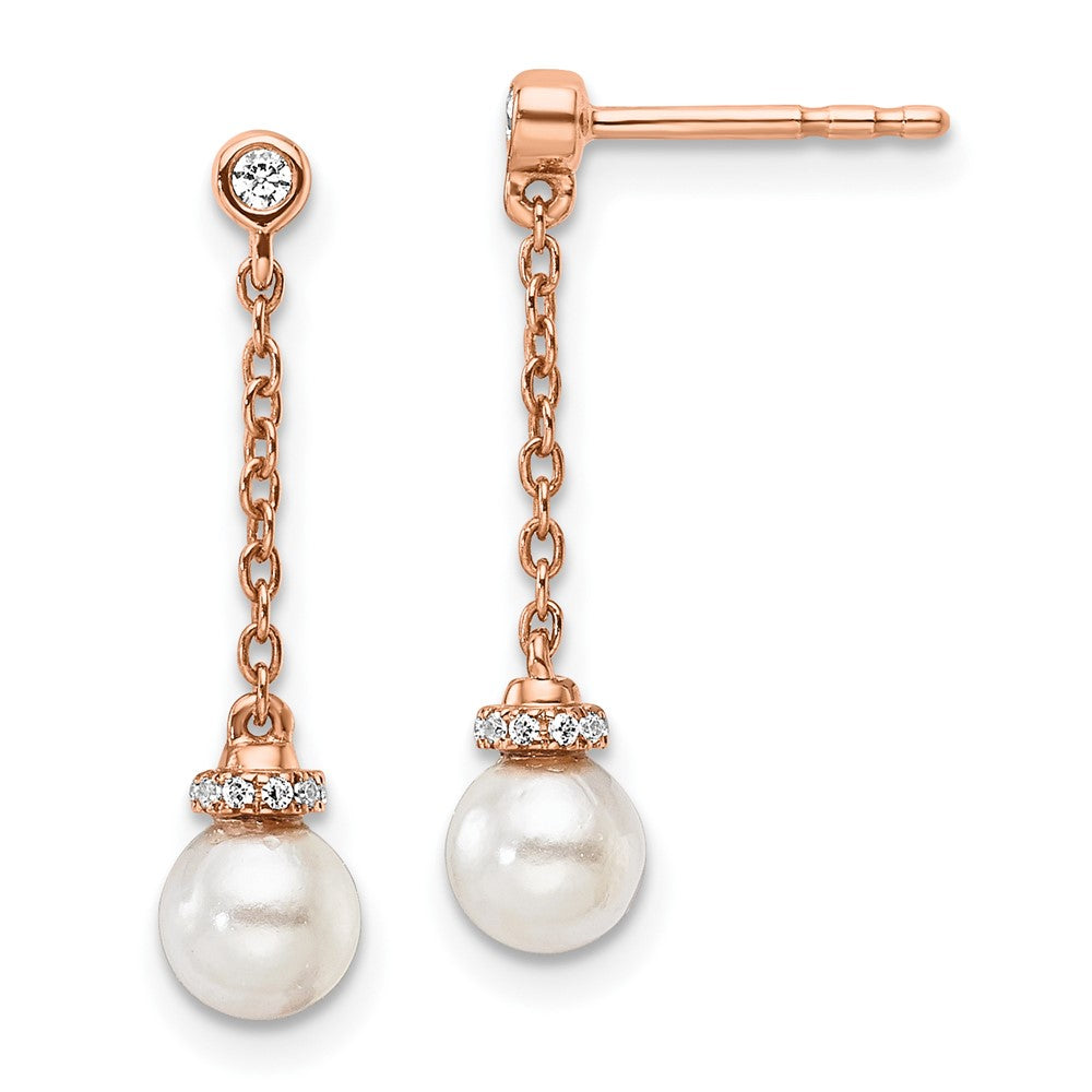 14K Rose Gold Polished Diamond and Pearl Chain Dangle Post Earrings
