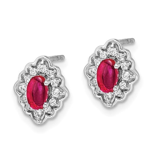 14k White Gold Diamond and Cabochon Ruby Earrings