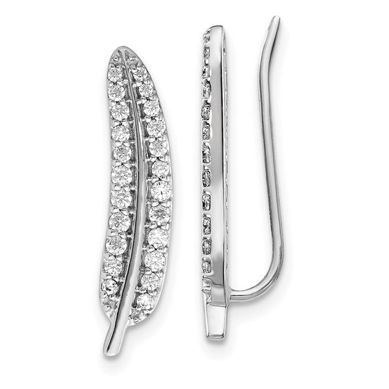 14k White Gold Diamond Feather Ear Climber Earrings