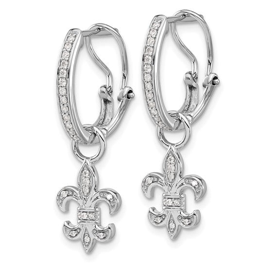 14k White Gold Diamond Fleur de Lis Dangle Omega Back Earrings