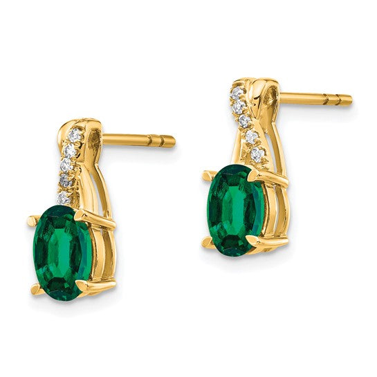 10k Yellow Gold Oval Created Emerald and Diamond Post Dangle Earrings