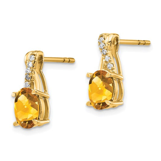 10k Yellow Gold Oval Citrine and Diamond Post Dangle Earrings