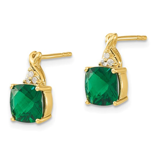 14K Yellow Gold Synthetic Checkerboard Emerald and Diamond Earrings