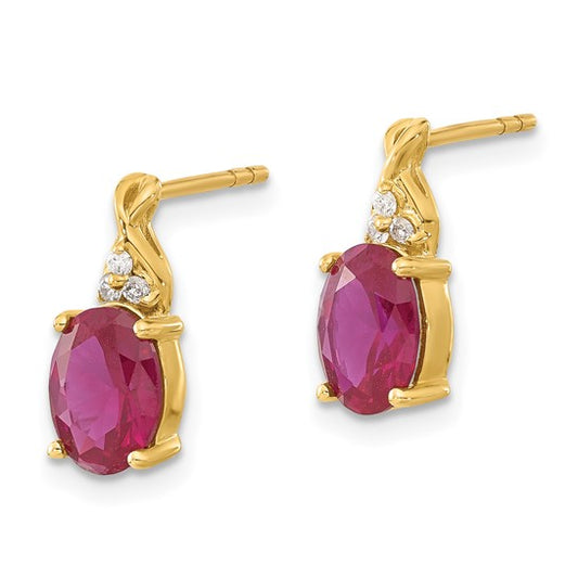 14ky Polished Oval Created Ruby and Diamond Post Earrings