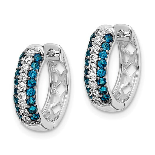 14k White Gold White and Blue Diamond Hinged Hoop Earrings
