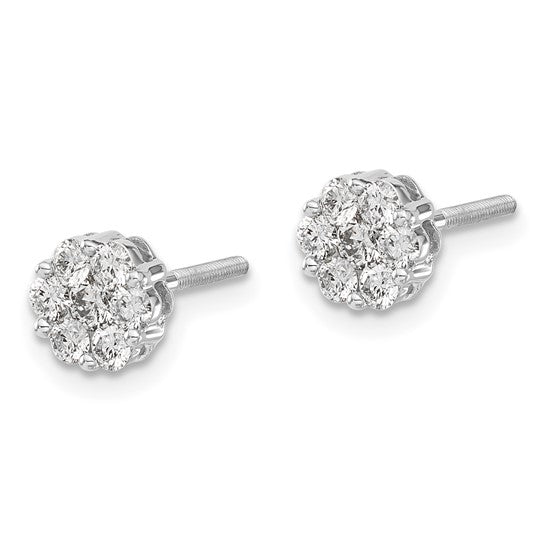 14k White Gold Diamond Cluster Screwback Earrings