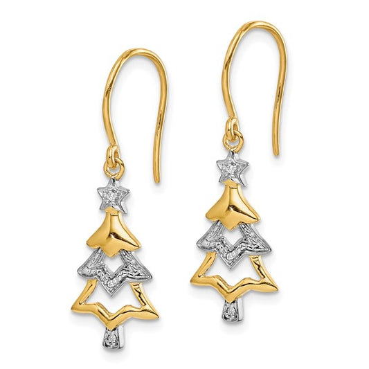 14k and Rhodium Diamond Christmas Tree Dangle Earrings