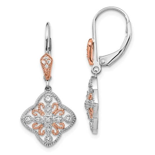 14k White Gold with Rose Rhodium Diamond Leverback Earrings