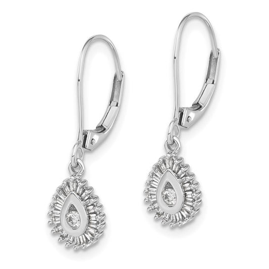 10k White Gold Baguette Diamond Teardrop Halo Leverback Earrings