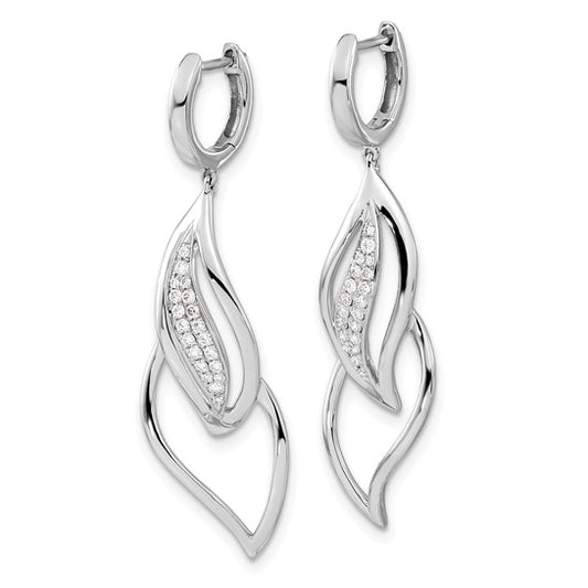 14k White Gold Diamond Hinged Hoop Leaf Design Dangle Earrings
