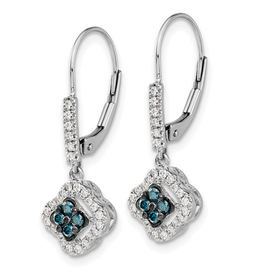 14k White Gold White and Blue Diamond Dangle Leverback Earrings