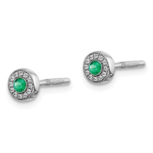 14k White Gold Diamond and Emerald Halo Post Earrings