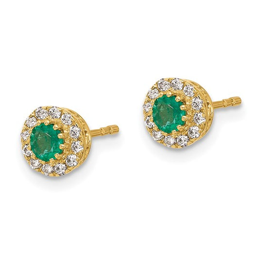 14k Gold Diamond and Emerald Halo Post Earrings