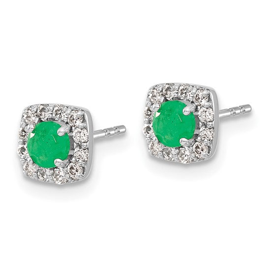 14k White Gold Diamond and Emerald Square Halo Earrings