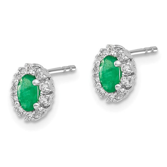 14k White Gold 1/5Ct Diamond and Emerald Oval Halo Earrings