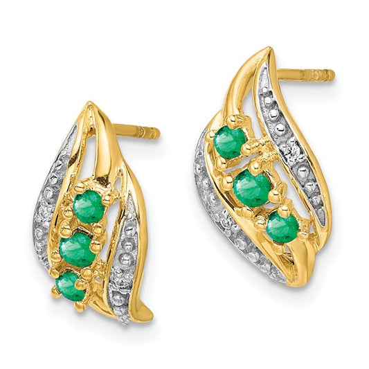 14k Gold with Emerald and Diamond Polished Post Earrings