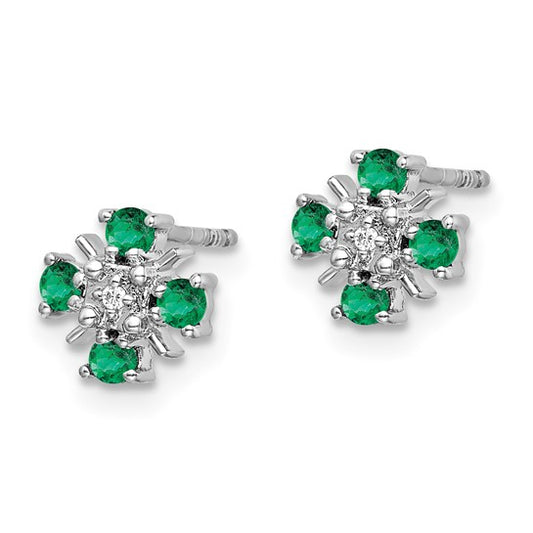 14k White Gold Emerald and Diamond Post Earrings