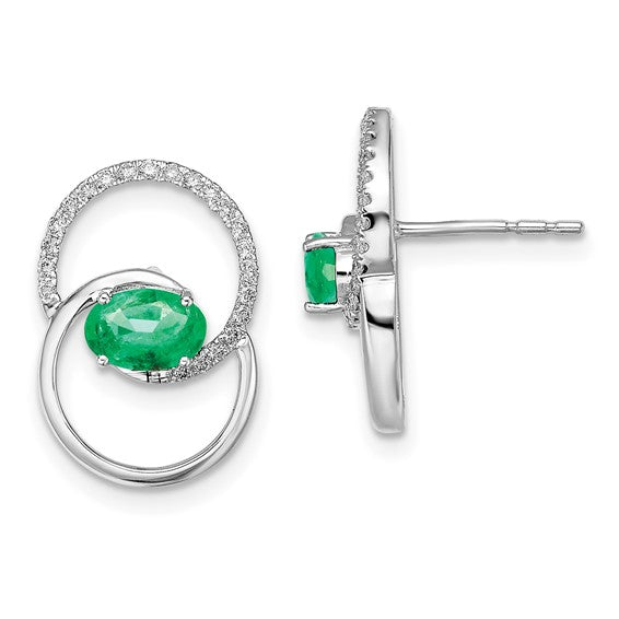 14k White Gold Double Circle Emerald/Diamond Post Earrings