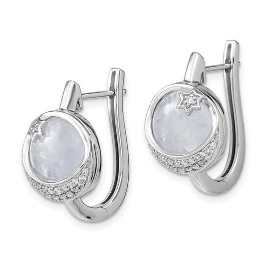 14k White Gold Dia. and Moonstone Moon and Star Hinged Hoop Earrings