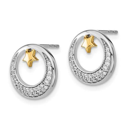 14k Two-tone Polished Moon and Stars Diamond Post Earrings