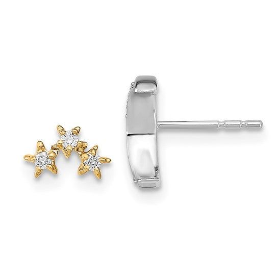 14k Two-tone Moon and 3-Stars Diamond Mis-match Post Earrings