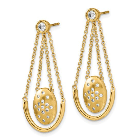 14k Satin/Polished Diamond Oval with Chain Dangle Post Earrings