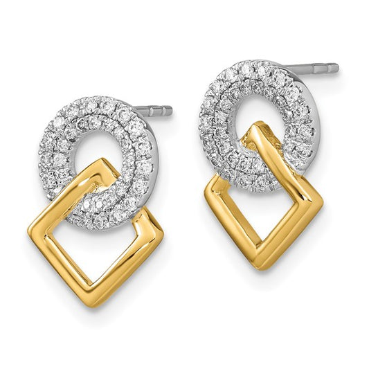 14k Two-tone Polished Diamond Circle and Square Post Earrings