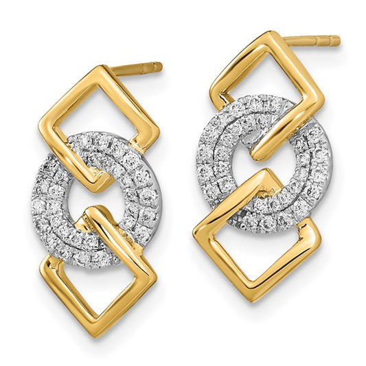 14k Two-tone Polished Diamond Circle and 2 Square Post Earrings