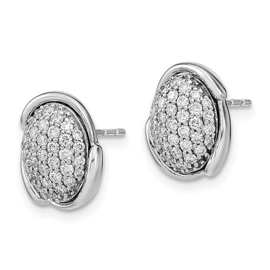 14k White Polished Oval Pave Diamond Post Earrings