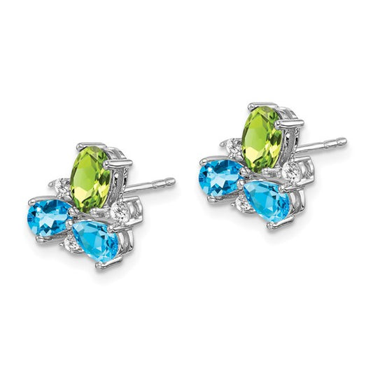 14k White Gold Blue Topaz/Peridot/Diamond Earrings