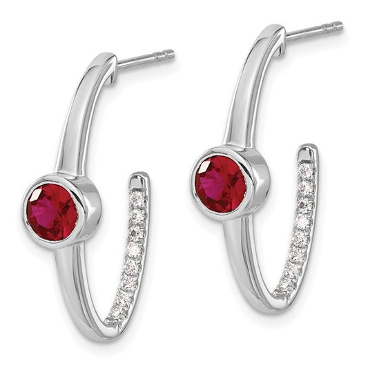 14k White Gold Created Ruby and Diamond J-Hoop Earrings