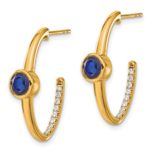 14k Created Sapphire and Diamond J-Hoop Earrings
