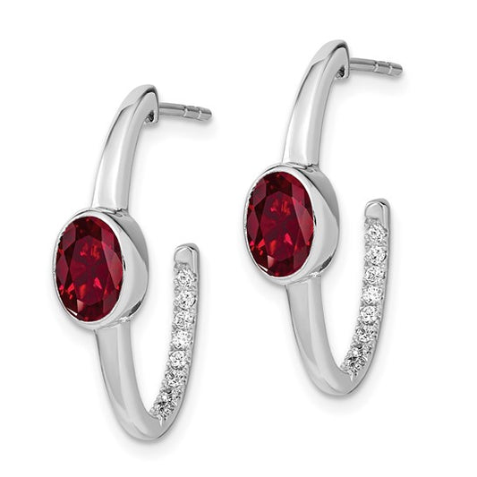 14k White Gold Oval Created Ruby and Diamond J-Hoop Earrings