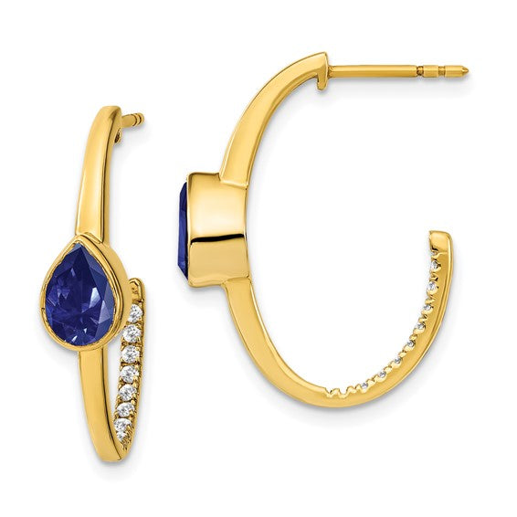 14k Pear Created Sapphire and Diamond J-Hoop Earrings