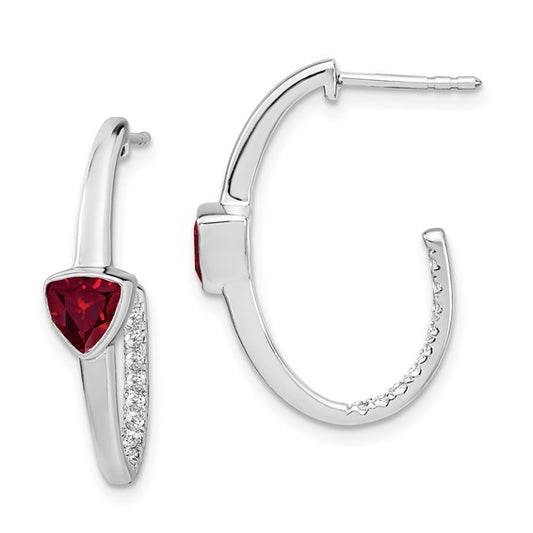 14k White Gold Trillion Created Ruby and Diamond J-hoop Earrings