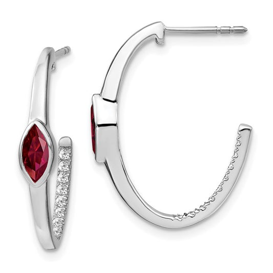 14k White Gold Marquise Created Ruby/Diamond J-hoop Earrings