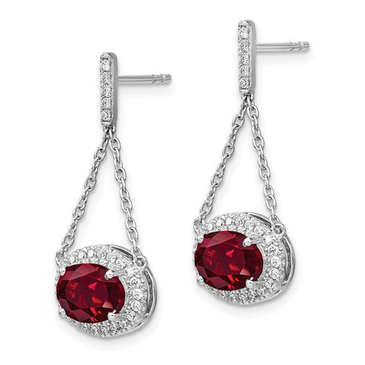14k White Gold Oval Created Ruby and Diamond Dangle Earrings