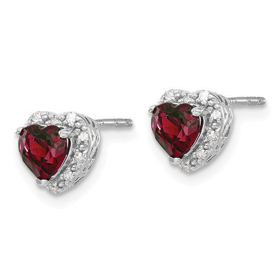 14k White Gold Lab Grown Diamond and Cr Ruby Halo Heart Post Earrings