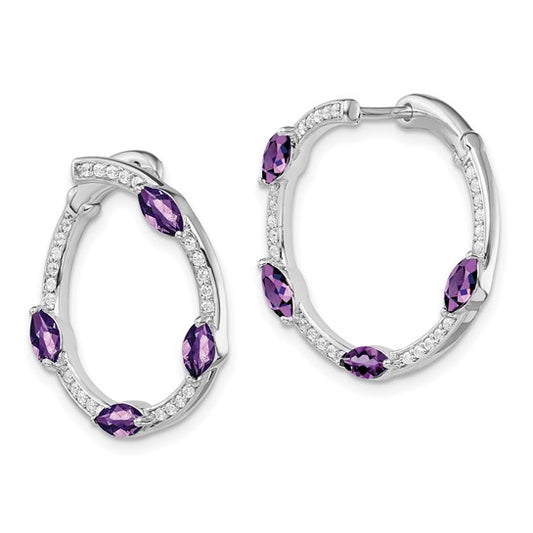 14k White Gold Amethyst and Diamond Hoop Earrings