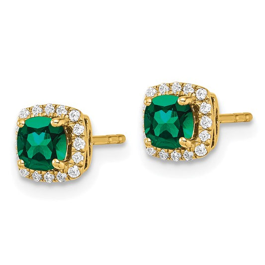 14K Lab Grown Diamond and Created Emerald Halo Post Earrings