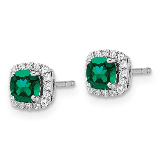 14K White Gold Lab Grown Diamond and Cr Emerald Halo Post Earrings