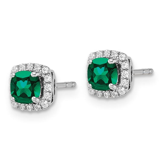14K White Gold Lab Grown Diamond and Cr Emerald Halo Post Earrings