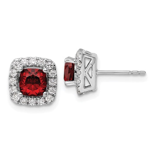 14K White Gold Lab Grown Diamond and Garnet Halo Post Earrings