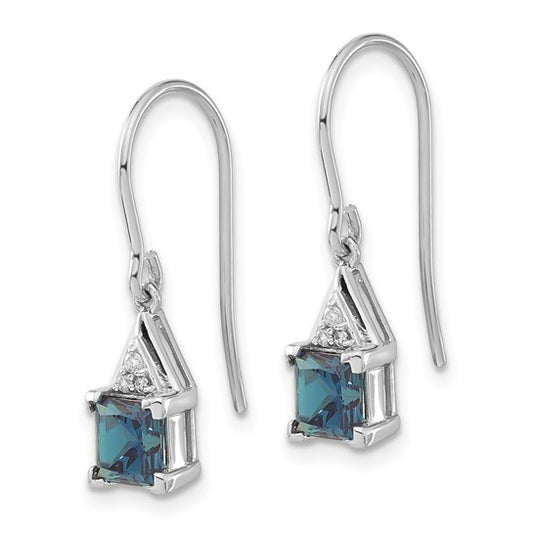 10k White Gold Polished Diamond and Created Alexandrite Dangle Earrings